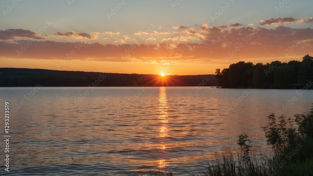 Tranquil summer sunset over serene lake with vibrant colors and reflection, featuring ample empty space for text or captions. Tranquil summer sunset over serene lake with vibrant colors and reflection, featuring ample empty space for text or captions.