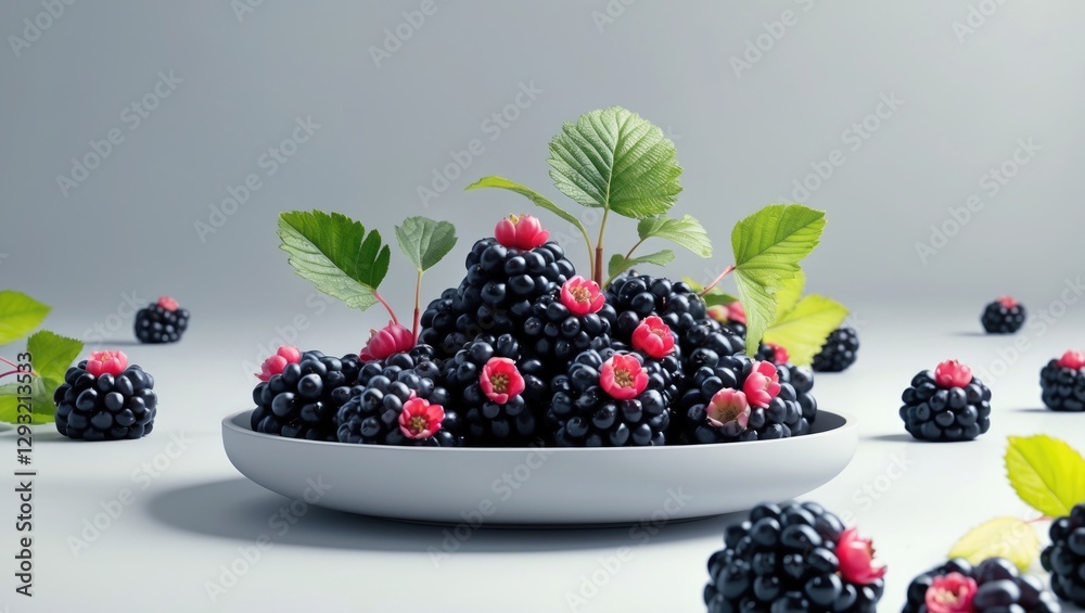 Minimalist Macro Still Life of Fresh Blackberries on Plate with Leaves Ideal for Text Placement and Culinary Themes Minimalist Macro Still Life of Fresh Blackberries on Plate with Leaves Ideal for Text Placement and Culinary Themes