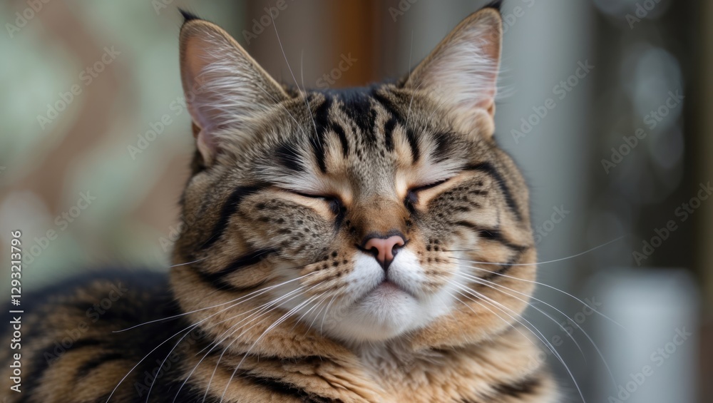 Groomed domestic tabby cat with tiger stripes enjoying relaxation with eyes half-closed in a serene indoor setting showcasing contentment. Groomed domestic tabby cat with tiger stripes enjoying relaxation with eyes half-closed in a serene indoor setting showcasing contentment.
