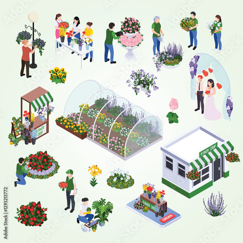 Florist city event flower decoration isometric flowchart with isolated icons of flower delivery and urban gardening vector illustration