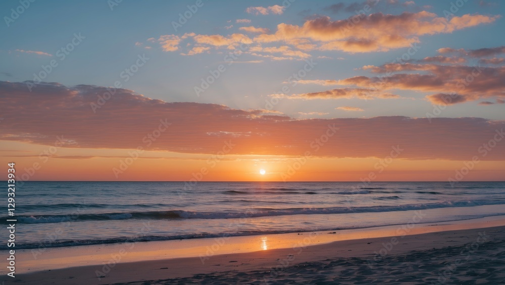 Serene Sunset Over Calm Ocean Waves at Beach with Clear Space for Text or Messages Serene Sunset Over Calm Ocean Waves at Beach with Clear Space for Text or Messages