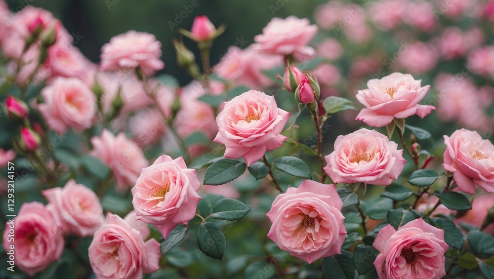 Blossoming Pink Roses in Garden Setting with Selective Focus and Shallow Depth of Field Perfect for Text Placement and Nature Themes Blossoming Pink Roses in Garden Setting with Selective Focus and Shallow Depth of Field Perfect for Text Placement and Nature Themes