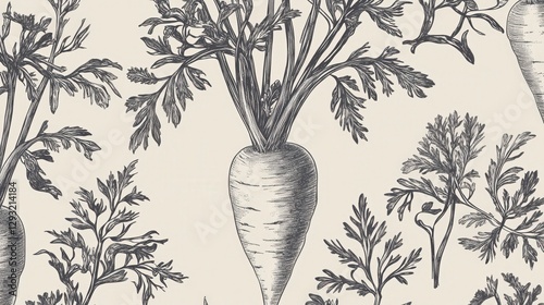 Vintage Botanical Print of Carrots and Herbs - Classic Black and White Botanical Illustrations for Home Decor
