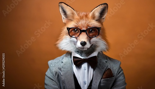 Dapper Fox in Spectacles A Whimsical Forest Scene Featuring a Suited, SpecsWearing Fox Amidst Autumn Leaves and Mushrooms, Evoking a Touch of Modern Quirkiness and Playful Charm. photo