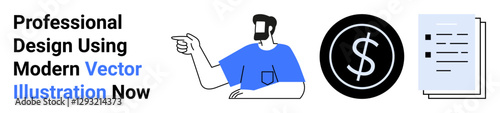 Man pointing to icons including dollar circle and document stack representing business solutions, earnings, creativity, and technology. Ideal for business strategy, finance, advertising, education