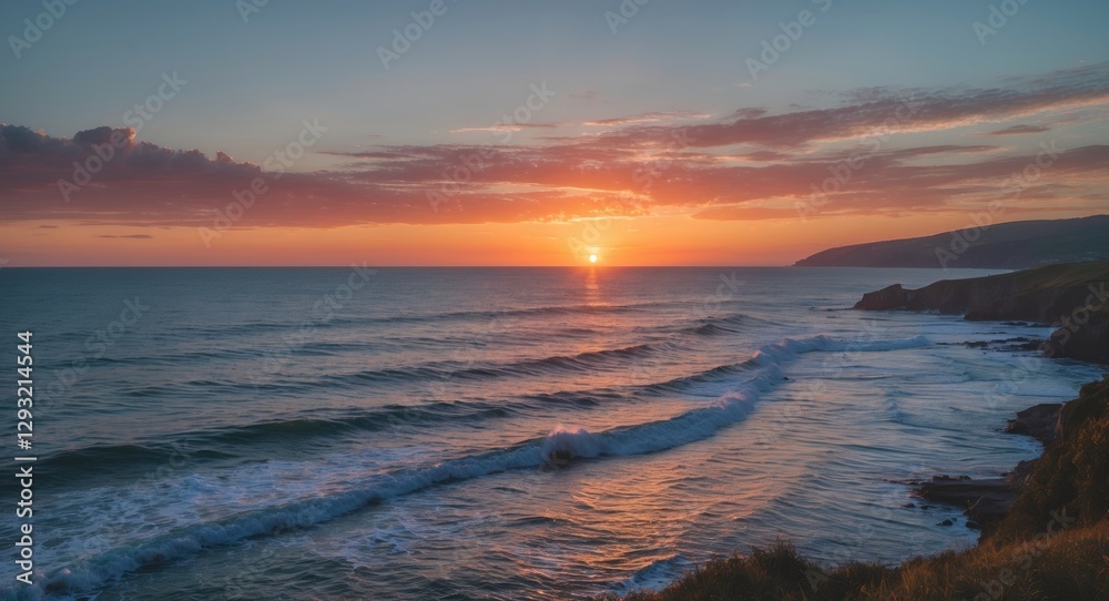 Tranquil Sunset Over Coastal Waves With Open Space For Text Placement Tranquil Sunset Over Coastal Waves With Open Space For Text Placement