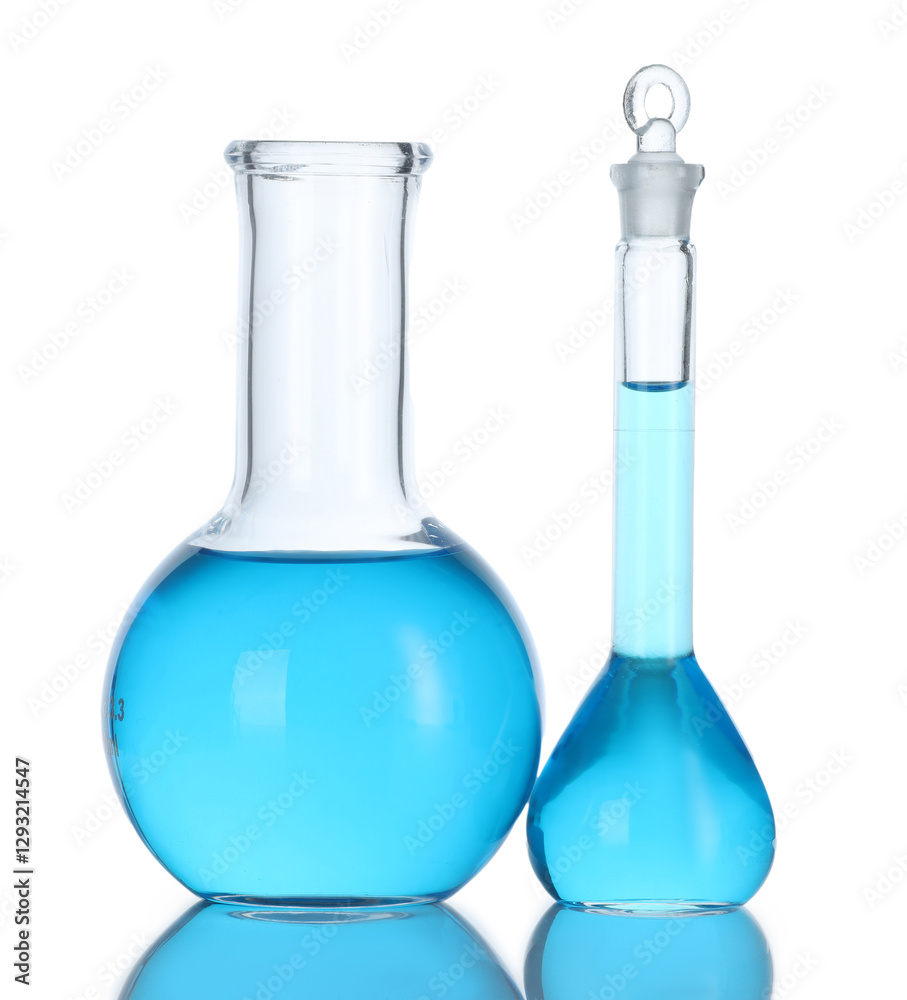Flasks with blue liquid isolated on white. Laboratory glassware Flasks with blue liquid isolated on white. Laboratory glassware