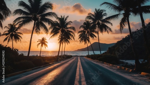 Tropical Road Leading to Sunset Over Ocean with Silhouetted Palm Trees and Hills in the Background for Scenic Beach Imagery