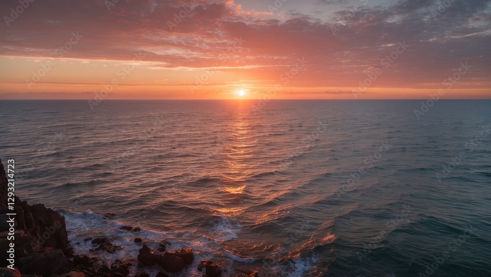 Tranquil Sunset Reflecting Over Calm Ocean Waters with Dramatic Cloud Patterns Tranquil Sunset Reflecting Over Calm Ocean Waters with Dramatic Cloud Patterns
