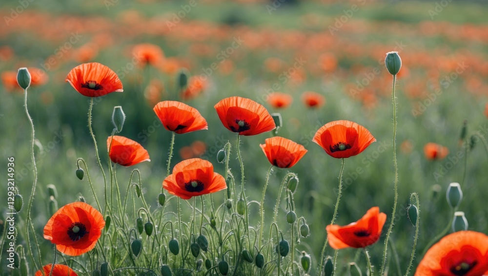 Obraz premium Vibrant Red Poppy Flowers Blooming Beautifully in a Lush Green Meadow Field Under Bright Blue Skies