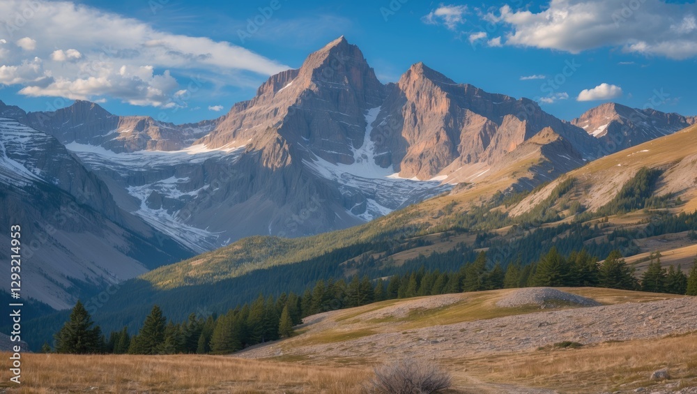 Fototapeta premium Majestic Rocky Mountain Landscape at Dawn with Snow-Capped Peaks and Lush Green Valleys Under Dramatic Sky