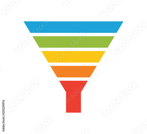 Sale marketing funnels set. Business pyramid template with five steps. Funnel diagram 5 steps template. Filter level icon. Infographic cone chart. Vector illustration isolated on white background.