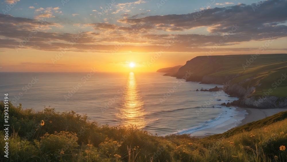 Obraz premium Scenic Sunrise Over Coastal Landscape with Golden Light Reflections on Ocean Water and Vibrant Greenery in Summer Serenity