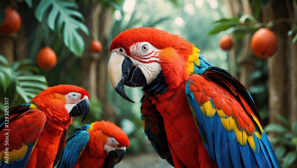 Vibrant Red Macaws in Tropical Habitat Surrounded by Lush Greenery and Exotic Fruits Showcasing Beautiful Plumage and Social Interaction Vibrant Red Macaws in Tropical Habitat Surrounded by Lush Greenery and Exotic Fruits Showcasing Beautiful Plumage and Social Interaction