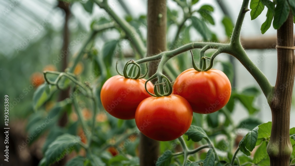 Vibrant Ripe Tomatoes Hanging on Vine in Greenhouse Cultivation for Fresh Produce and Organic Agriculture Concept Vibrant Ripe Tomatoes Hanging on Vine in Greenhouse Cultivation for Fresh Produce and Organic Agriculture Concept