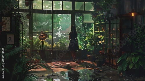 Serene Indoor Garden with Lush Plants and Sunlight Streaming Through Window