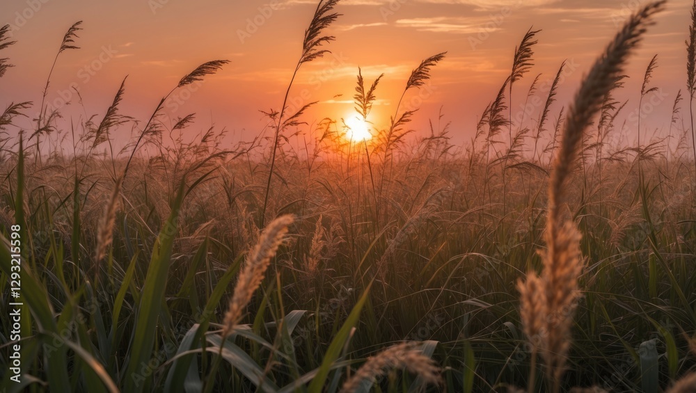 Fototapeta premium Sunset Over Tall Grass Field with Soft Lighting and Generous Copy Space for Your Text Placement