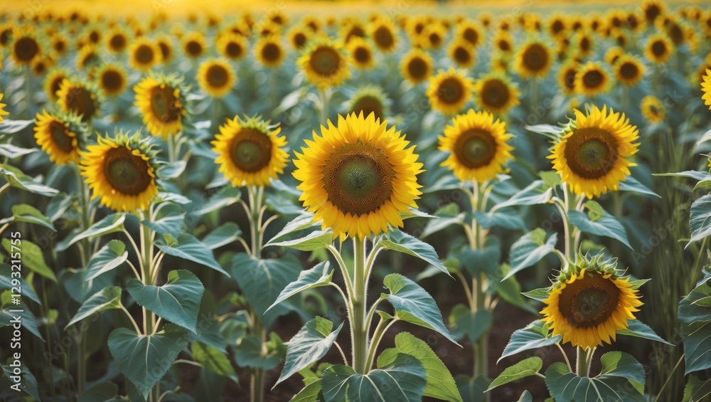Vibrant sunflowers blooming in a lush field with warm sunlight highlighting their golden petals and ample space for text or branding. Vibrant sunflowers blooming in a lush field with warm sunlight highlighting their golden petals and ample space for text or branding.