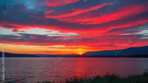 Vibrant Summer Sunset Over Tranquil Lake With Reflections of Red Orange And Blue Hues in the Sky