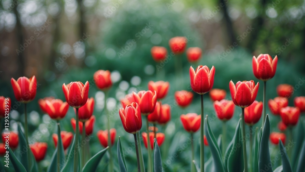 Fototapeta premium Vibrant red tulips blooming in a lush green garden with a soft blurred background creating a serene and colorful atmosphere.