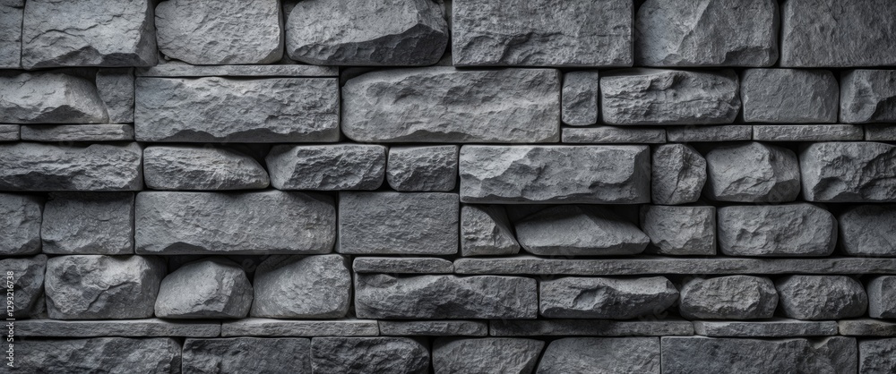Fototapeta premium Gray stone wall texture with unevenly shaped stones creating a rustic background for design projects or architectural applications.