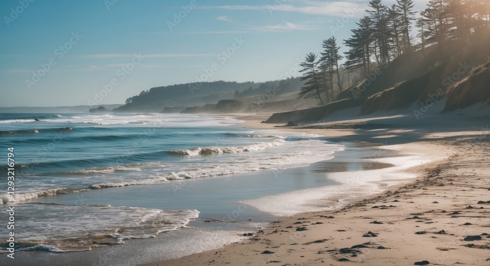 Obraz premium Serene Beach Scene with Gentle Waves and Coastal Trees Under Clear Blue Sky Ideal for Text Overlay and Relaxation Themes