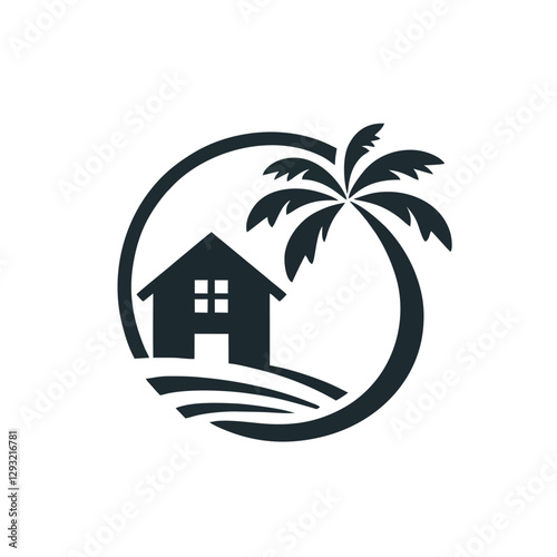 Silhouette Curved Palm Tree House Logo