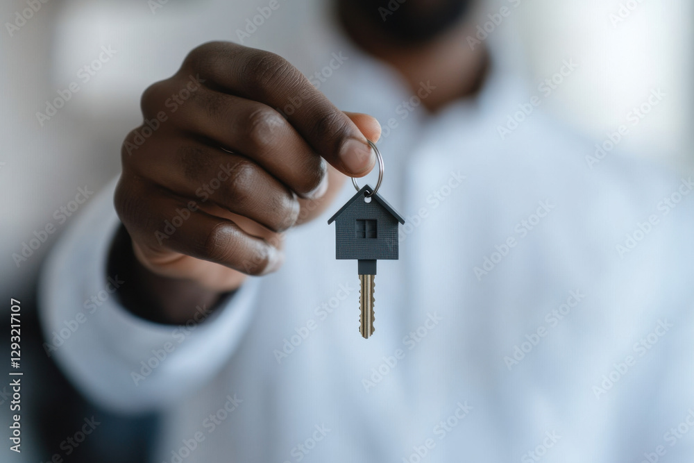 Real estate agent holding house keys, symbol of new property ownership Real estate agent holding house keys, symbol of new property ownership