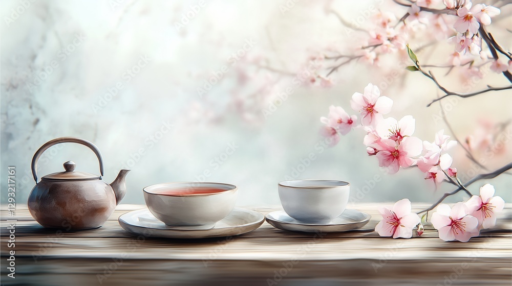 Fototapeta premium White teacup with flowers on saucer and spoon