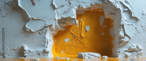 Abstract peeling plaster wall with a vibrant yellow underlayer creating a striking textured background ideal for design projects.