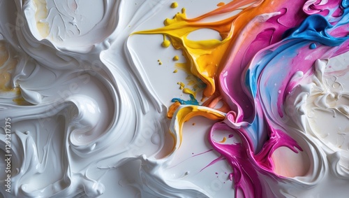 Vibrant abstract oil paint swirls in bright colors on a textured white background for artistic and creative design projects.