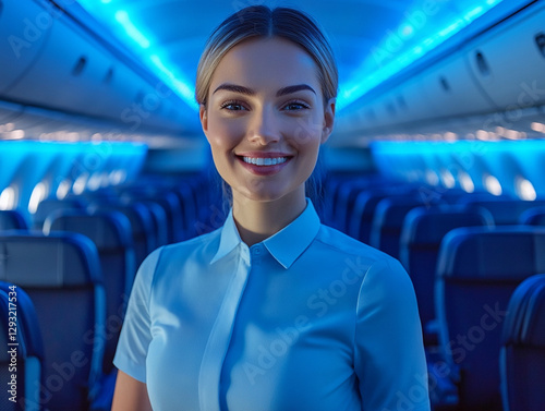 Flight attendant welcomes passengers on illuminated airplane