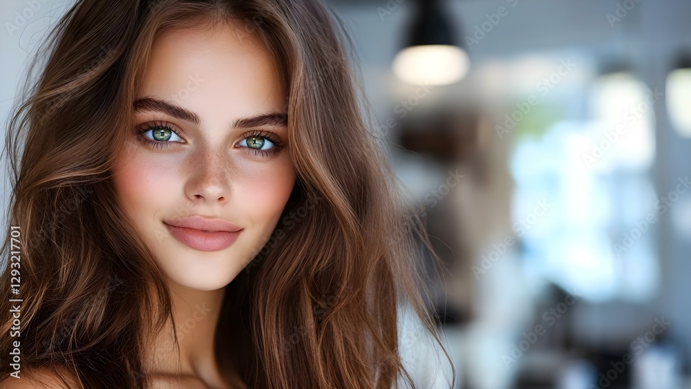 A young woman with long, wavy brown hair and bright blue eyes smiles warmly in a softly lit indoor setting. Concept Indoor Photography, Natural Light, Warm Smiles, Captivating Blue Eyes A young woman with long, wavy brown hair and bright blue eyes smiles warmly in a softly lit indoor setting. Concept Indoor Photography, Natural Light, Warm Smiles, Captivating Blue Eyes