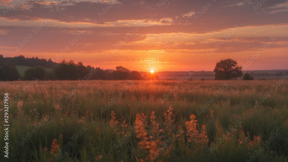 Fototapeta premium Serene Sunset Over Lush Meadow With Golden Flora Illuminated By Warm Evening Light