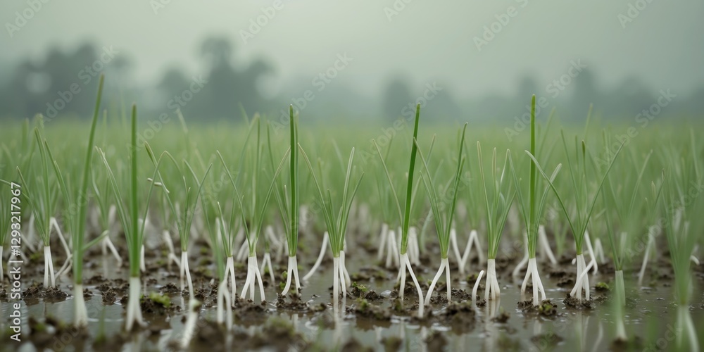Obraz premium Rice seedlings growing in a lush green field with waterlogged soil and ample space for text or branding in a tranquil agricultural setting
