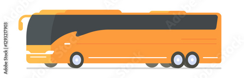 Tour bus modern big travel business coach vehicle icon vector graphic illustration side 3d view, large tourist trip charter luxury transportation yellow orange flat cartoon isolated cut out single
