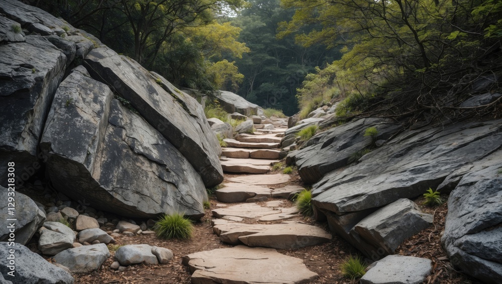 Obraz premium Rocky Trail Through Lush Greenery in Nature Surrounded by Large Stones and Vegetation for Hiking and Outdoor Adventure