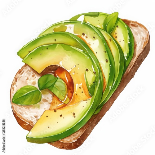 Avocado Toast Delight: a watercolor illustration showcasing a slice of toasted bread topped with fresh avocado slices, drizzled with honey and garnished with basil leaves