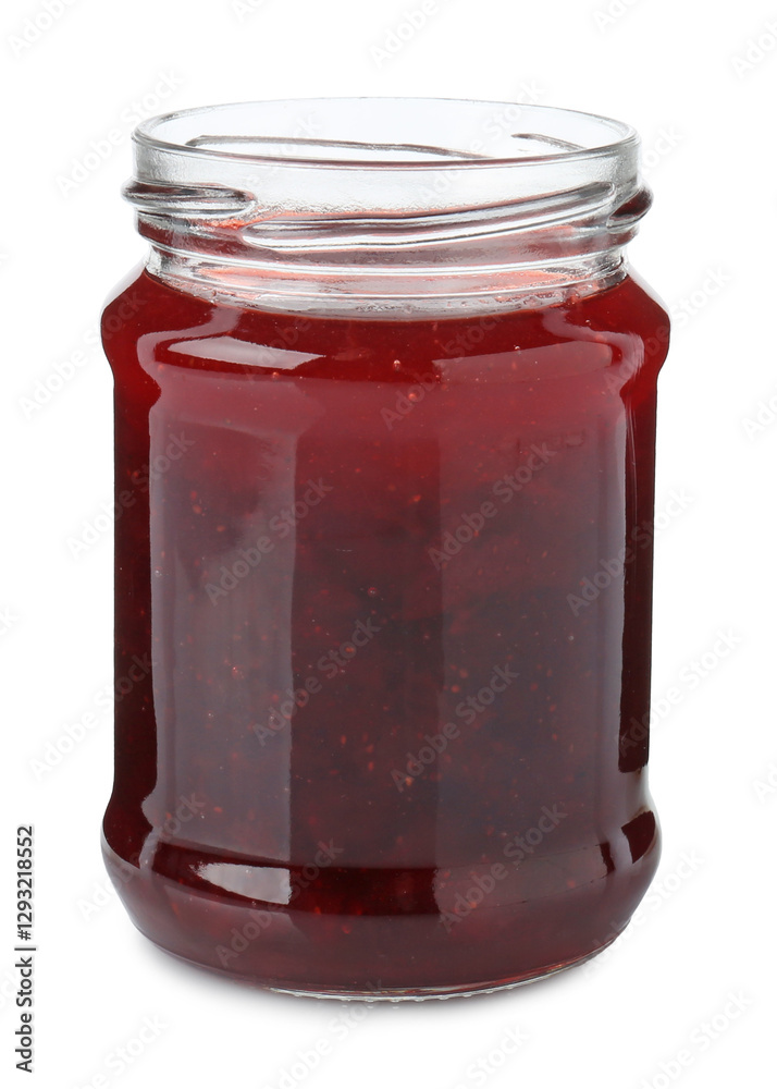 Delicious strawberry sauce in glass jar isolated on white Delicious strawberry sauce in glass jar isolated on white