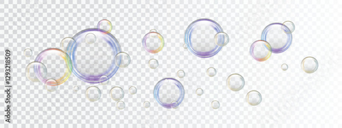 Soap bubbles different sizes on a transparent background. Realistic rainbow effect on shampoo and shower gel foam. Glare and reflexes on flying air bubbles. Vector illustration.