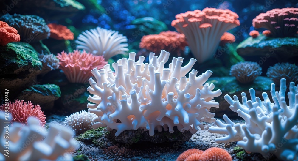 Fototapeta premium Vibrant underwater scene featuring diverse coral formations highlighting white coral as a centerpiece for artistic garden decor.