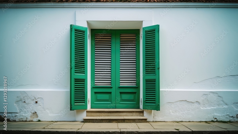 Fototapeta premium Green window shutters on a white facade highlighting architectural details in a serene urban environment