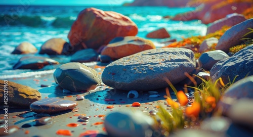 Colorful beach rocks and stones by the sea with ocean waves and vibrant coastal vegetation under a bright blue sky photo