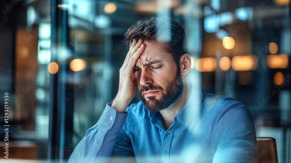 Stressed man suffering from headache at work Stressed man suffering from headache at work