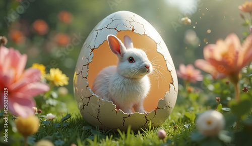 Easter Bunny Inside a Cracked Egg Surrounded by a Lush Garden – Ideal for Family-Friendly Marketing and Promotions