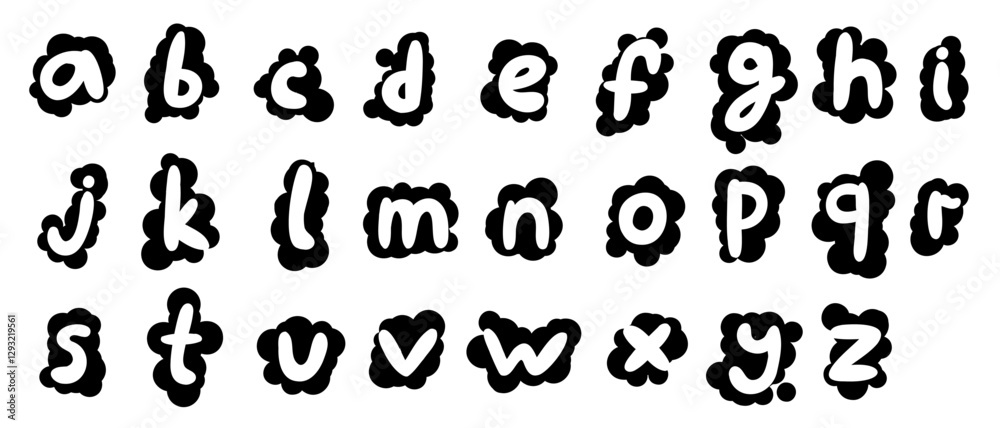 Blots english latin abc alphabet lower case font handwritten A to Z collection. Vector black illustration in doodle style isolated on white background. For kids book, typography, logo, card, menu. Blots english latin abc alphabet lower case font handwritten A to Z collection. Vector black illustration in doodle style isolated on white background. For kids book, typography, logo, card, menu.