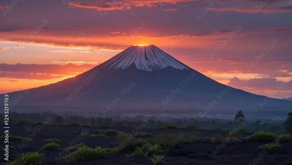 Volcanic Landscape at Sunset with Majestic Mountain Silhouette and Dramatic Sky Colors Volcanic Landscape at Sunset with Majestic Mountain Silhouette and Dramatic Sky Colors