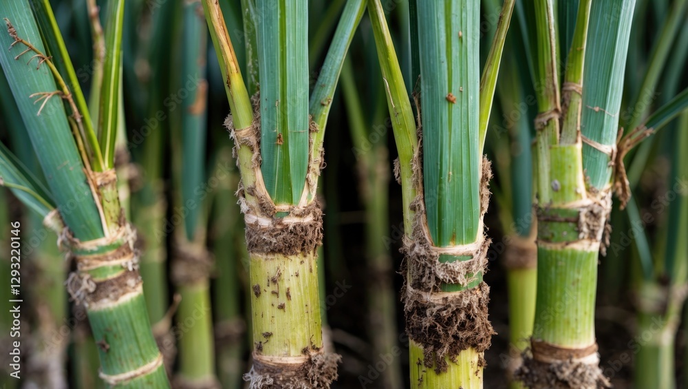 Fototapeta premium Sugarcane Stalks with Visible Plant Diseases and Disease Symptoms in Agricultural Field with Blank Space for Text Overlay