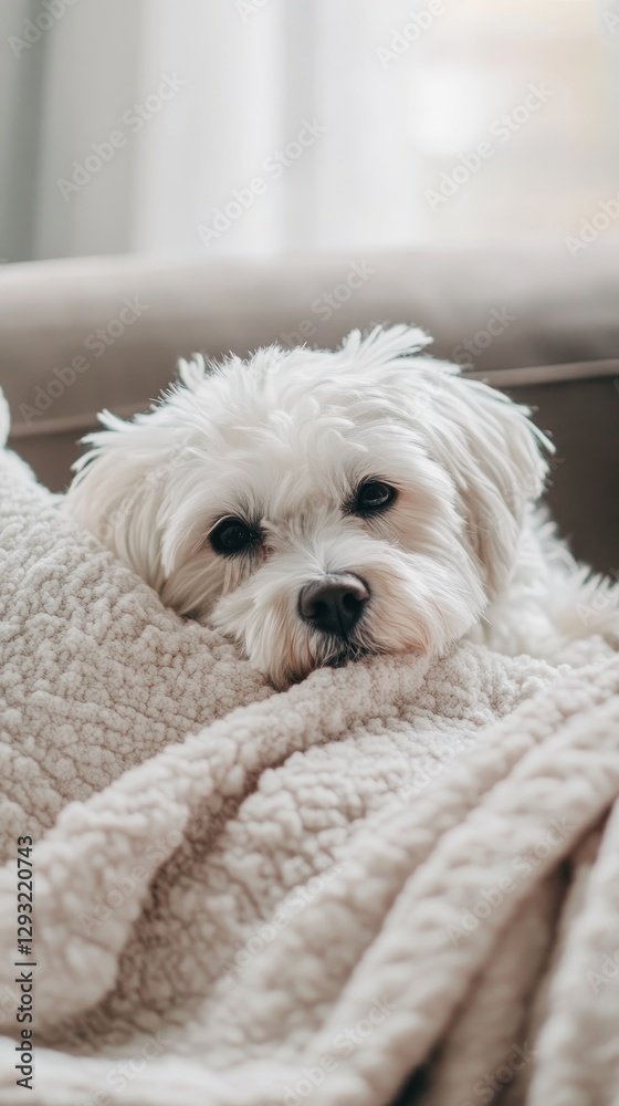 Adorable White Dog Snuggled Under a Cozy Blanket Adorable White Dog Snuggled Under a Cozy Blanket