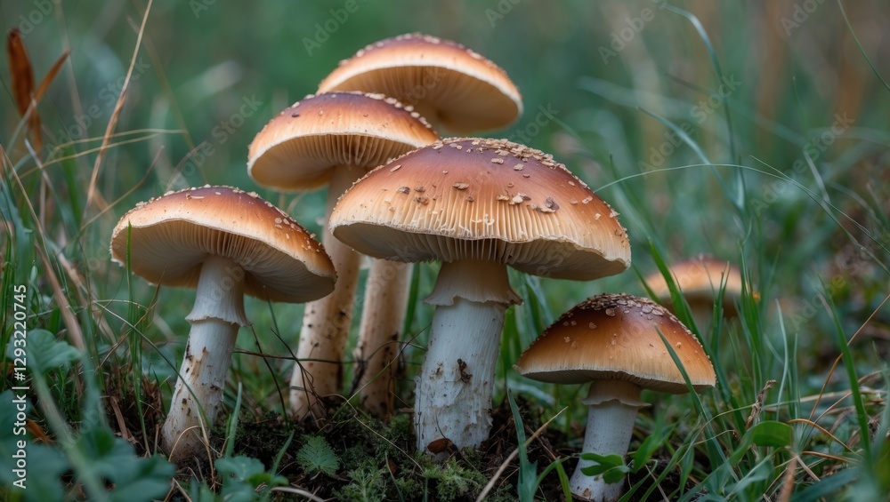 Fototapeta premium Vibrant Group of Wild Mushrooms Emerging from Lush Green Grass in Natural Forest Setting